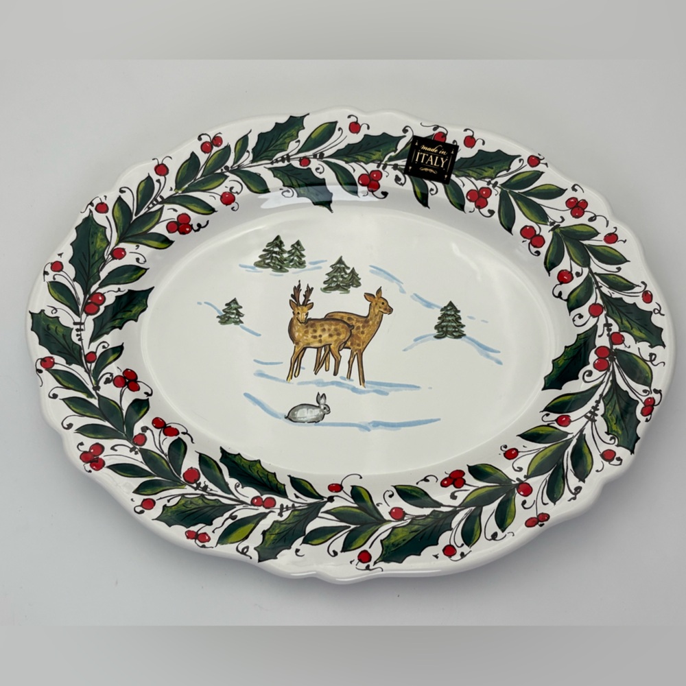 Festive Holiday Platter with Reindeer Design and Holly Border Made in Italy